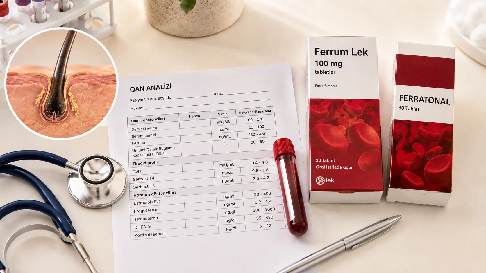Qadınlarda saç seyrəlməsi — ferritin tiroid PCOS biotin minoksidil hormonal müalicə